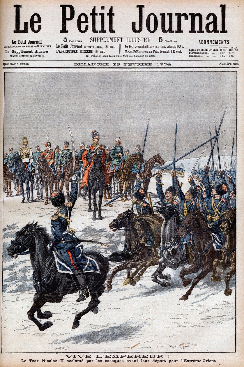 Rusko-japonská válka 1904-1905 – Kozáci oslavující cara Mikuláše II. před odjezdem na Dálný východ bojovat s Japonci v „Le Petit Journal“, 28. února 1904 (rytina) od French School