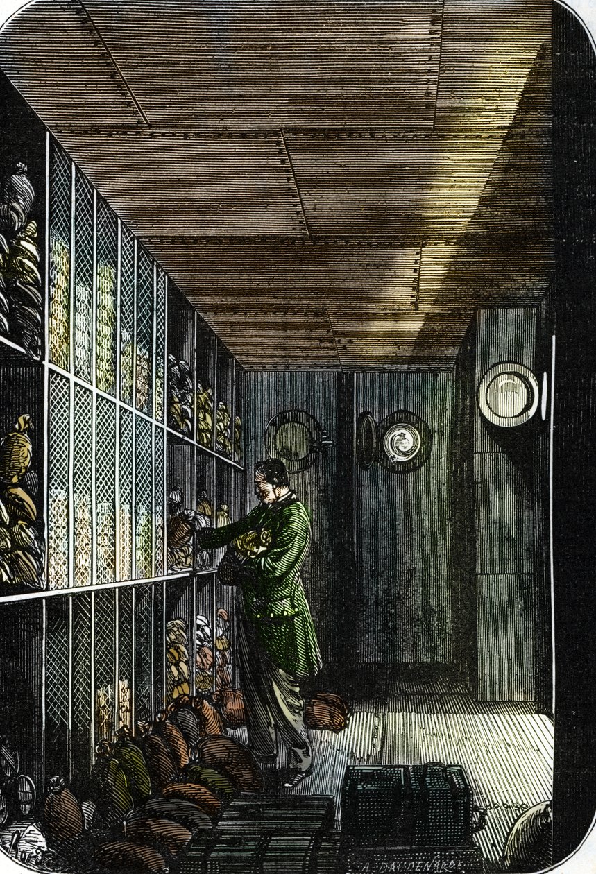 Safe de la Banque de France a Paris (Suterén Francouzské banky v Paříži) (barevná rytina) od French School
