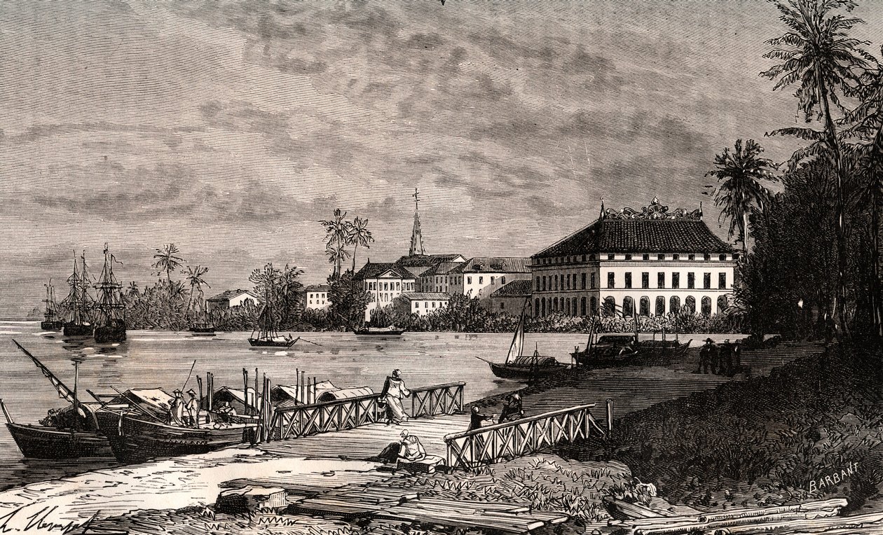 Saigon - Vietnam - Ho-Chi-Minh City (Ho Či Minovo město) - rytina v „La France illustree: geografie, historie, statistická správa“ od V.-A. Sladově hnědá. 1884 od French School