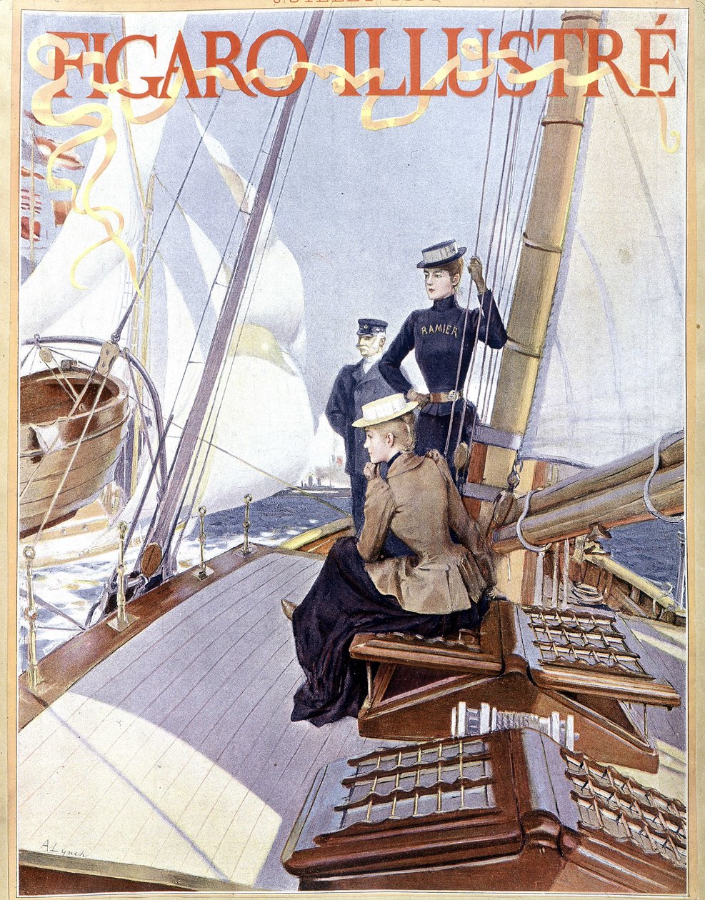 Plachtění: ženy na palubě člunu – kresba „“ Figaro illustrated““ z roku 1891, Arts Deco. od French School
