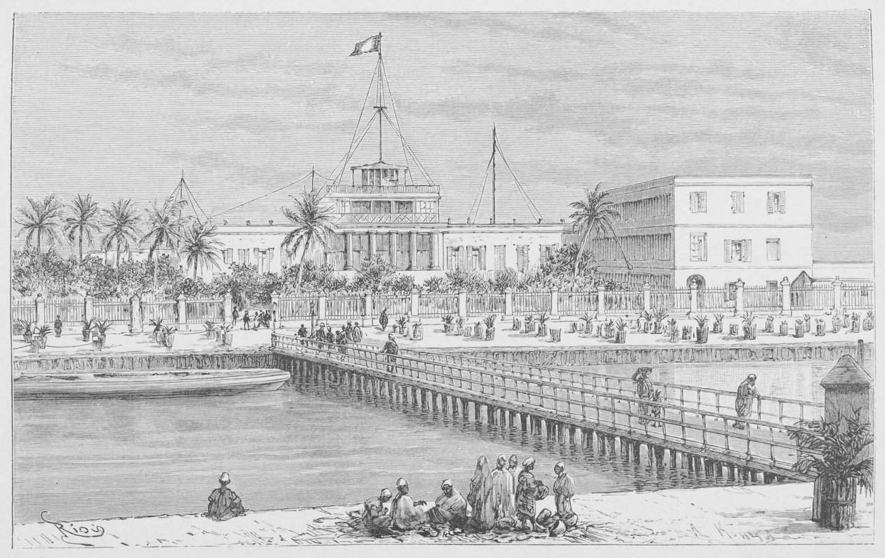 Saint-Louis, pohled na N"Dar, Pont de Guet, ilustrace z "Le Senegal..." od Louis Leon Faidherbe, 1889 od French School