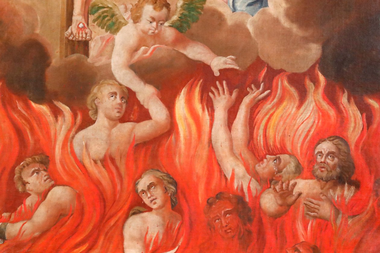Kostel Saint-Nicolas de Veroce. Poslední soud: peklo. Skupina zachráněných. Malování. Francie. od French School