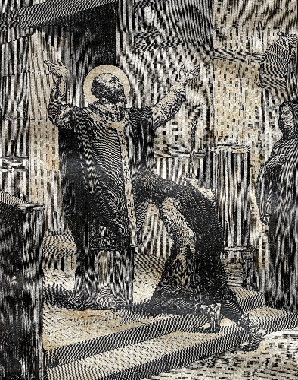 Svatý Aubert (Saint-Aubert) předvečer z Cambrai a Arrasu (633-667?) přivítal svého žáka a marnotratného kmotřence Landelina (613-), syna seigneura z Vaulx a odpustil mu jeho tři roky chyb. Rytina v “” Le Pelerin”” 16/12/1899. od French School