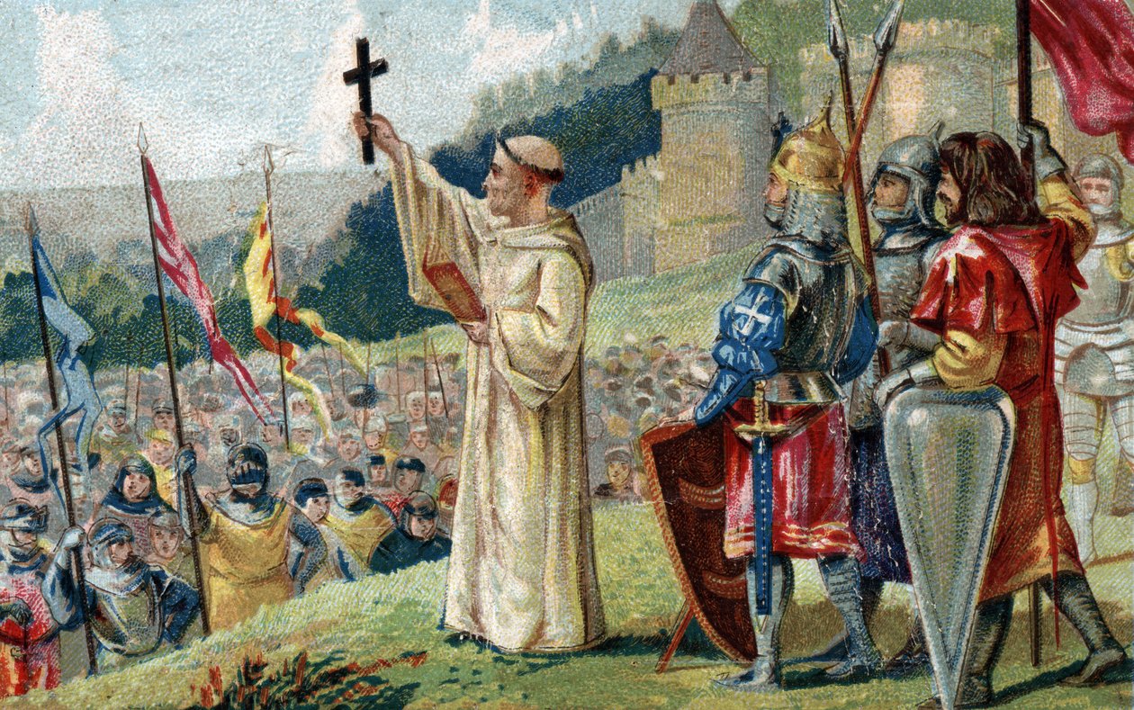 Svatý Bernard z Clairvaux (San Bernardo di Chiaravalle) káže druhou křížovou výpravu za přítomnosti krále Ludvíka VII. a královny Alienora Akvitánské a abbé Sugera ve Vezelay v Burgundsku dne 31. března 1146. (Sv. Bernard káže druhou křížovou výpravu ve Ve od French School
