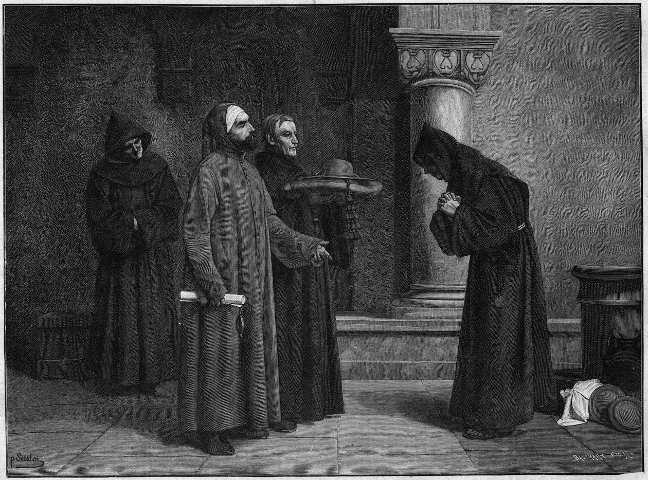 Svatý Bonaventura (Giovanni di Fidanza, známý jako doktor Seraphique, San Bonaventura) (1221-1274) přijímající klobouk kardinála. V roce 1273 byl vysvěcen na kardinála-Eveque z Albana Gregoirem X. v roce 1273. Rytina Baucharta ze Santarova obrazu. od French School