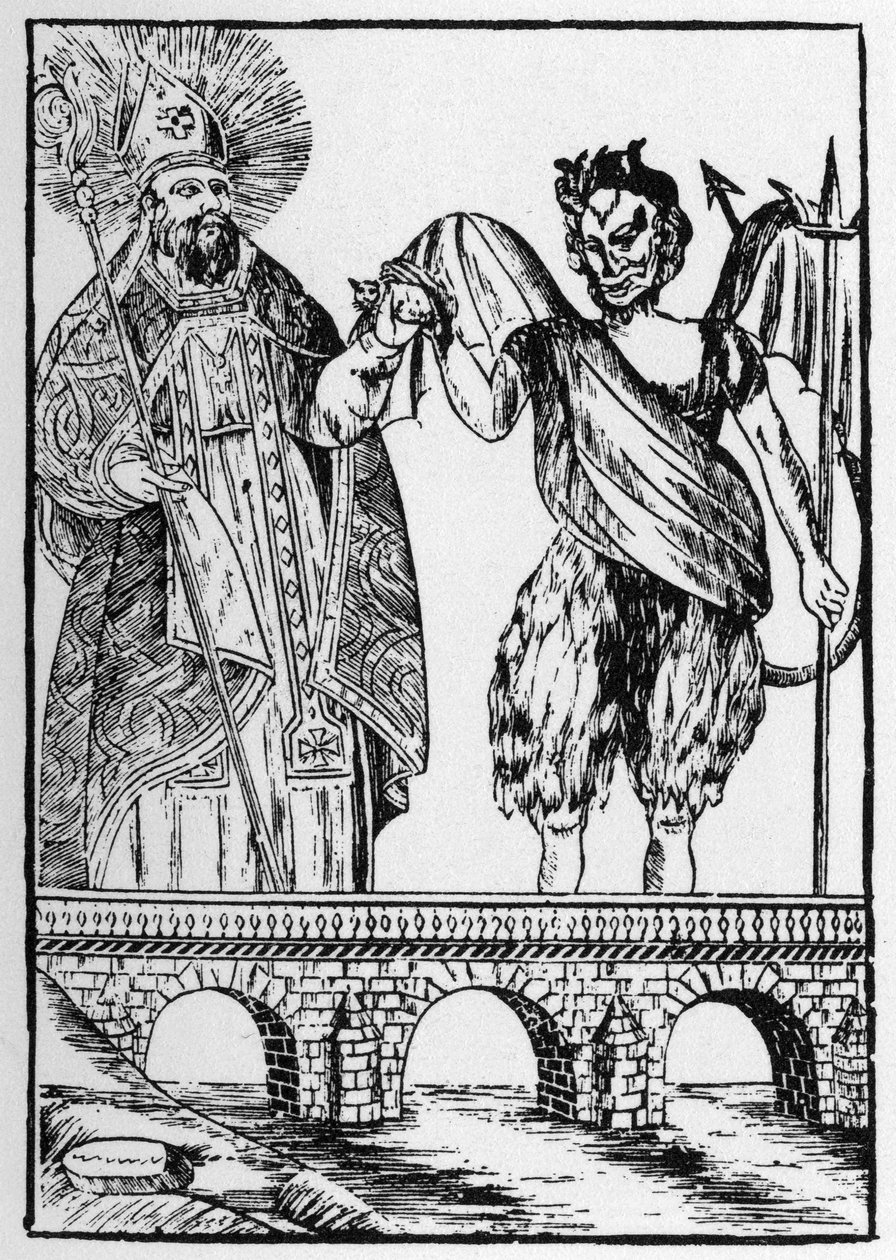 Svatý Cado (nebo Cadoc nebo Catuod nebo Catoc nebo Cazut nebo Cadochus) legendární svatý Christian dává kočku ďáblovi výměnou za stavbu mostu - oblíbené obrázky Perret od French School