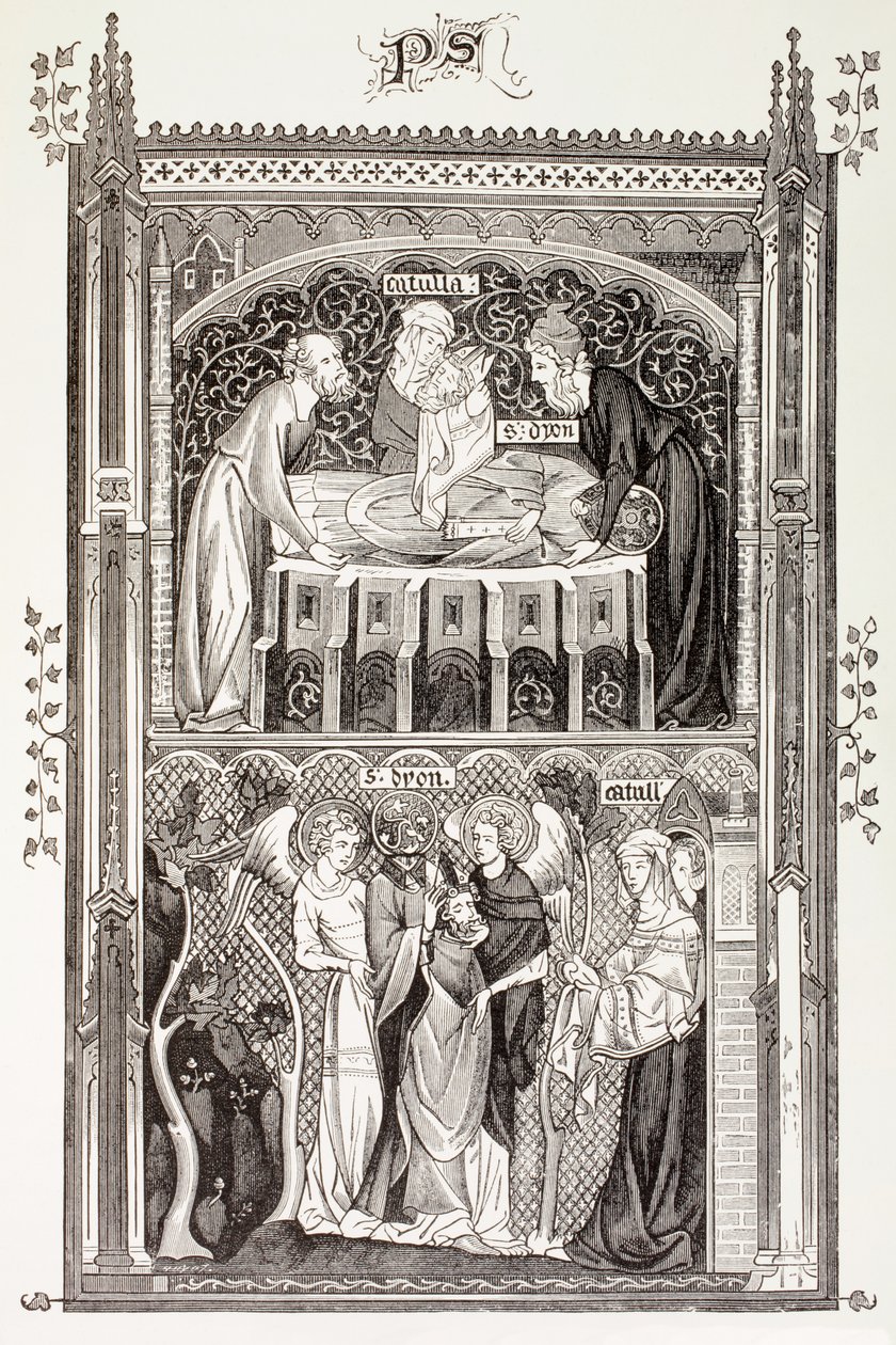 Saint Denis, z knihy „Vojenský a náboženský život ve středověku“ od Paula Lacroixe, vydaná v Londýně kolem roku 1880 od French School