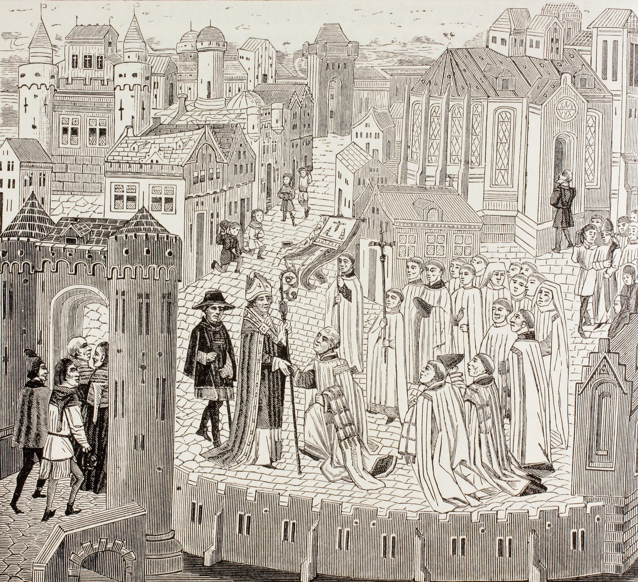 Saint Gaugericus, biskup z Cambrai, přijíždějící do města ke svému jmenování, z knihy „Vojenský a náboženský život ve středověku“ od Paula Lacroixe, vydaná v Londýně kolem roku 1880 od French School