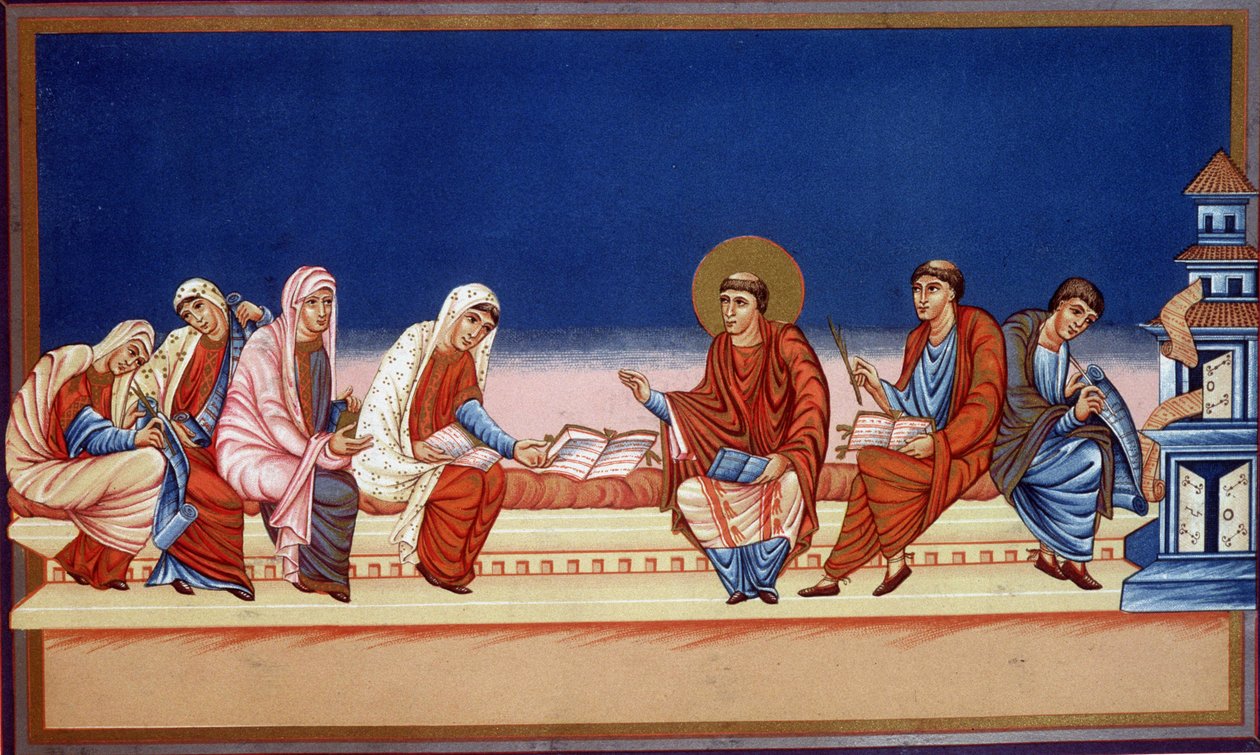 Svatý Jeroným vysvětlující evangelium Eustochii a Paule, 9. století. od French School