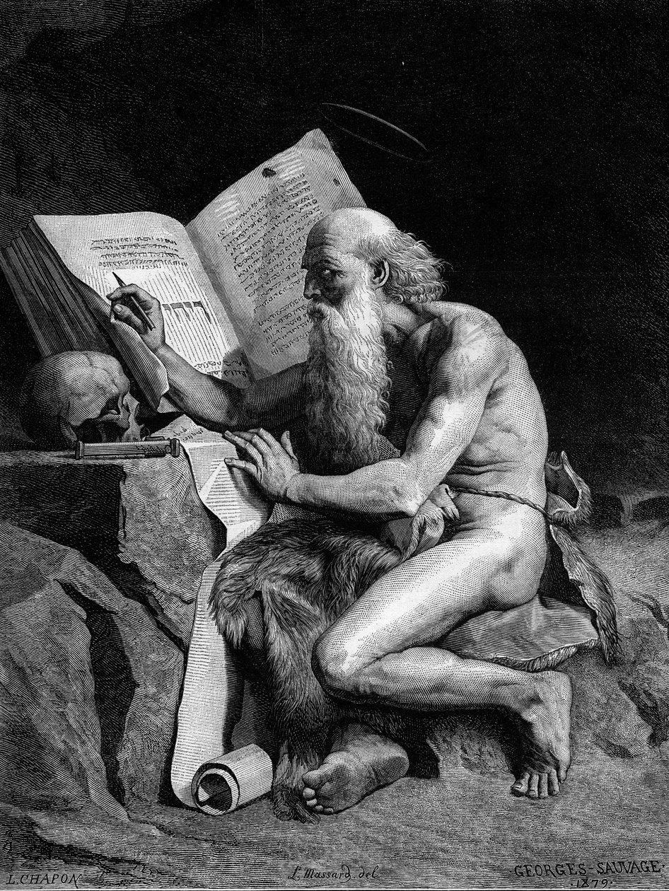 Svatý Jeroným v poušti. Rytina podle obrazu Georgese Sauvage (Auguste Albert Georges Sauvage dit) (19. století). Rytina v „“ Le Monde Illustré““ č. 1196 z 28. února od French School