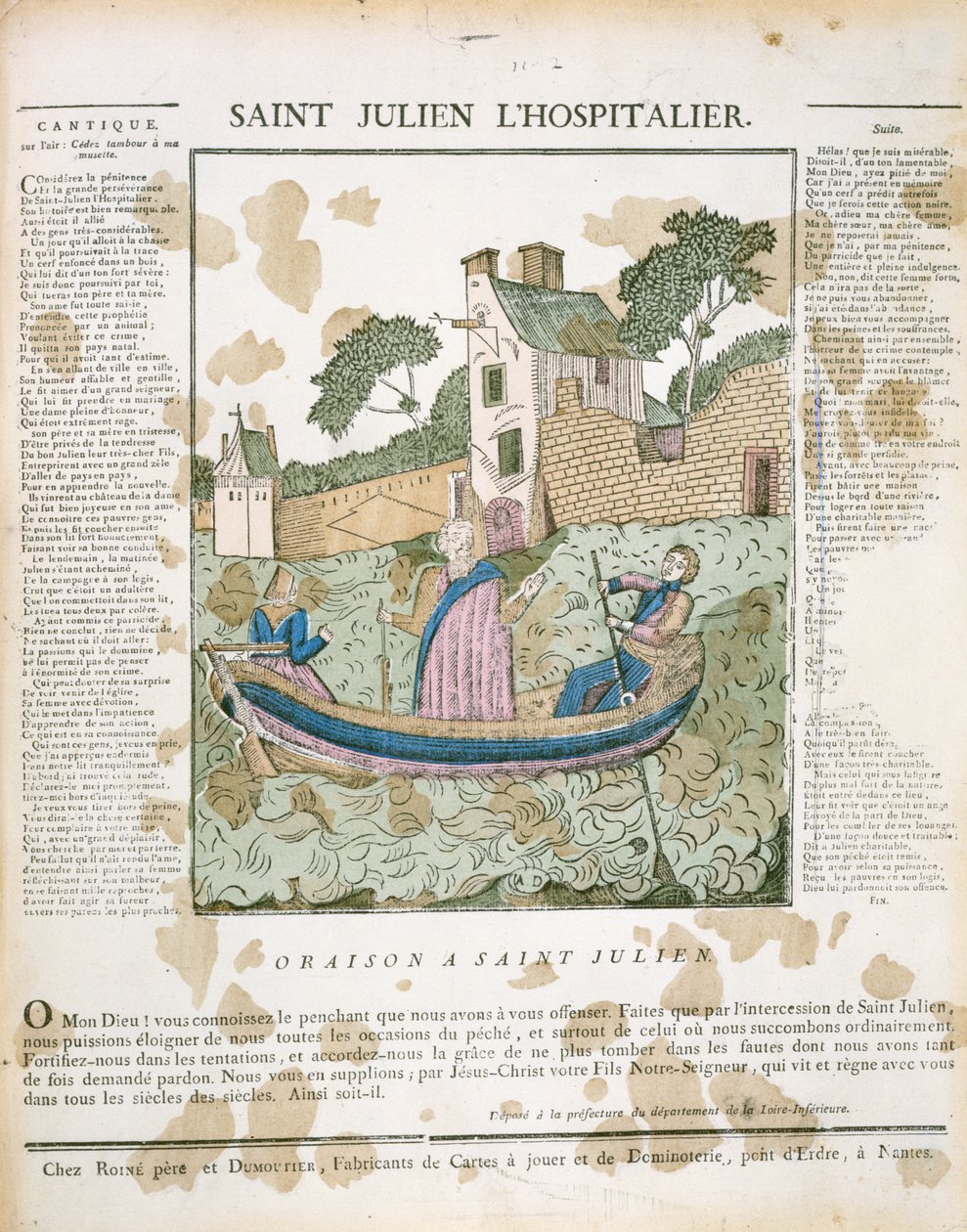 Saint Julian the Hospitaller veslující cestovatele přes řeku, ilustrace z LImagerie Populaire od P.L. Duchartre & R. Saulmer od French School