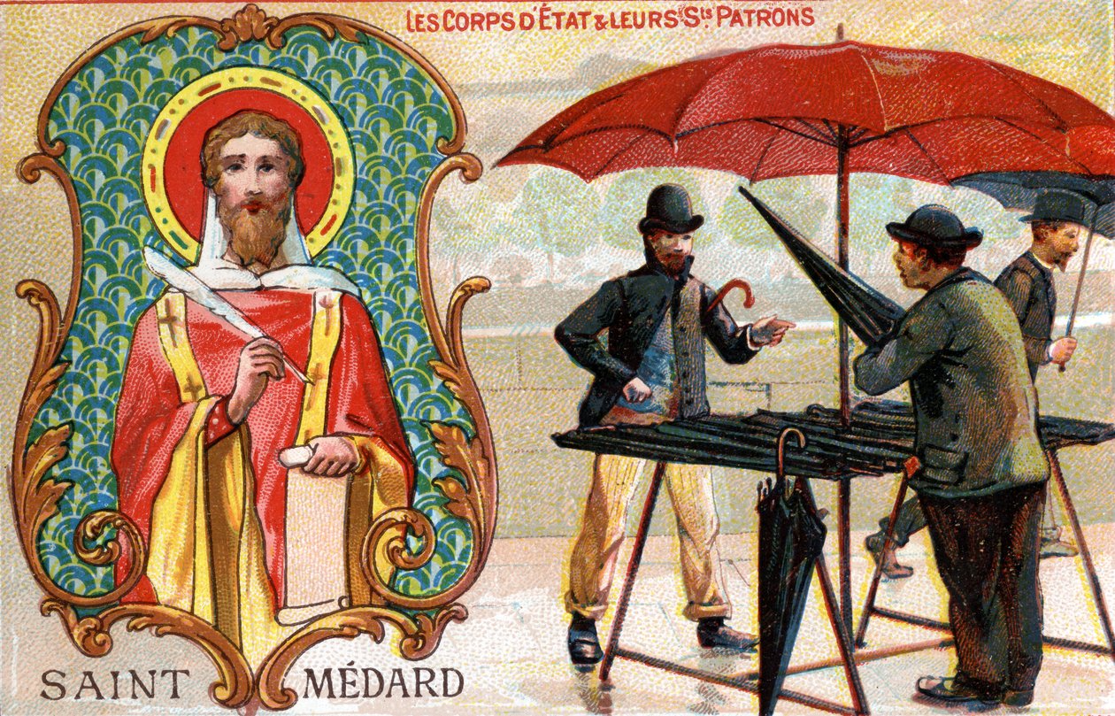 Saint Médard, sateenvarjomyyjien suojeluspyhimys, n. 1910 (väri litho) od French School