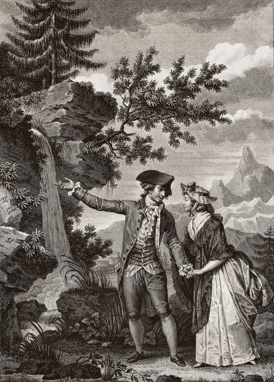 Rytina Saint Preux a Julie z roku 1793 pro „Julie ou la nouvelle Heloise“ od švýcarského filozofa Jean Jacques (Jean-Jacques) Rousseau (1712-1778) – Julie a Saint-Preux, ilustrace z „La Nouvelle Heloise“ od R. Jean-Jacseau (1712-78) (rytina) od French School