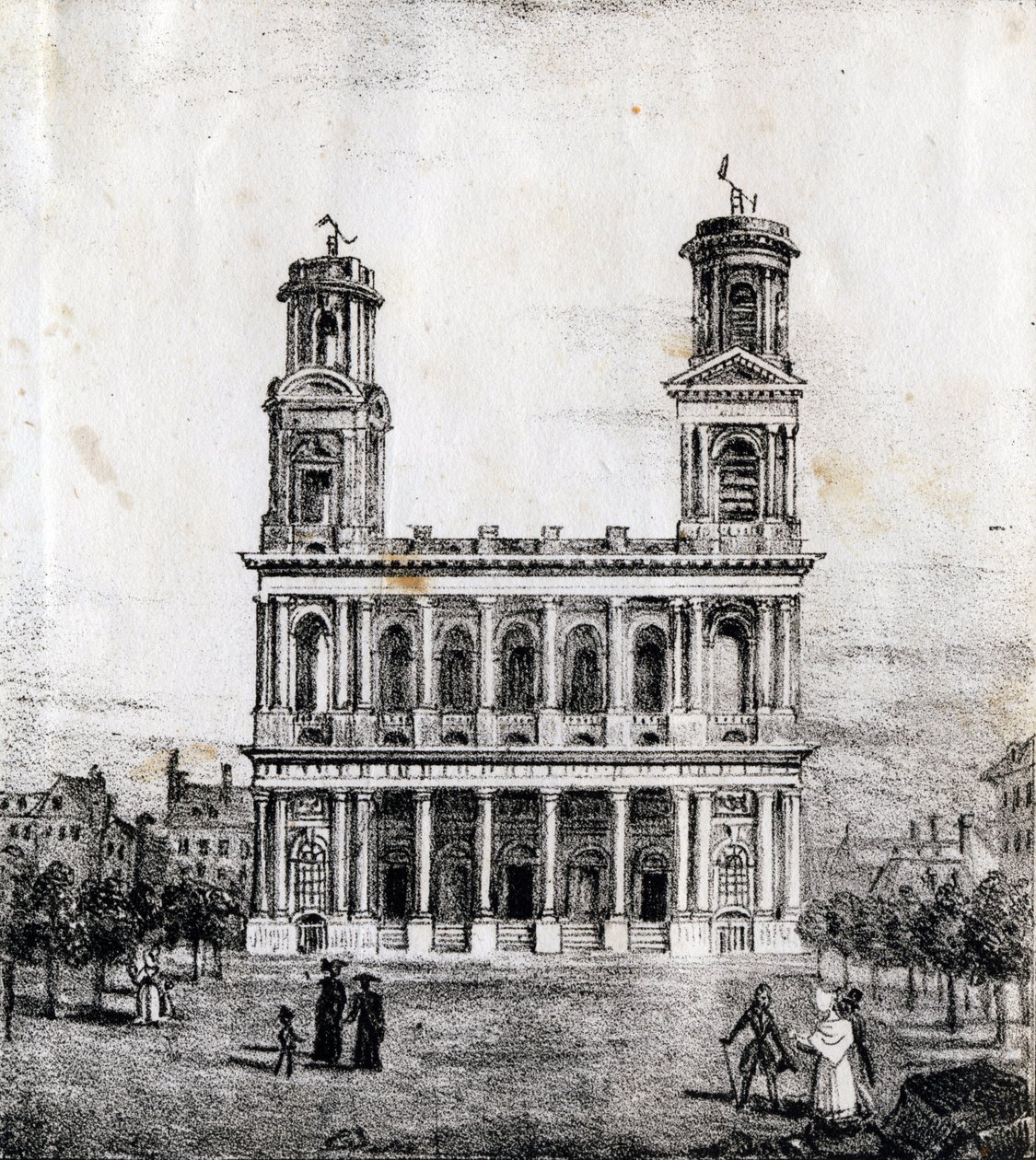 Kostel Saint Sulpice, Paříž - "Alphabet Picturesque des Monumens de Paris" c.1840 (rytina) od French School