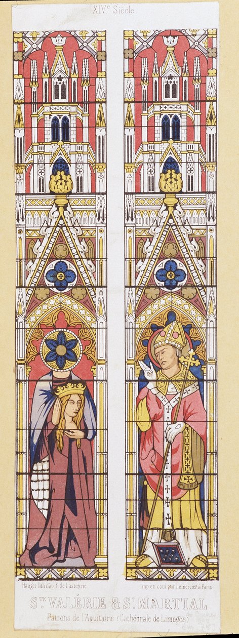 Svatá Valerie, panna a mučednice v Limoges (3. století) a Saint Martial, předvečer Limoges (3. století), patroni Akvitánie. Fac simile reprodukující okna z barevného skla Cathedrale de Limoges. od French School