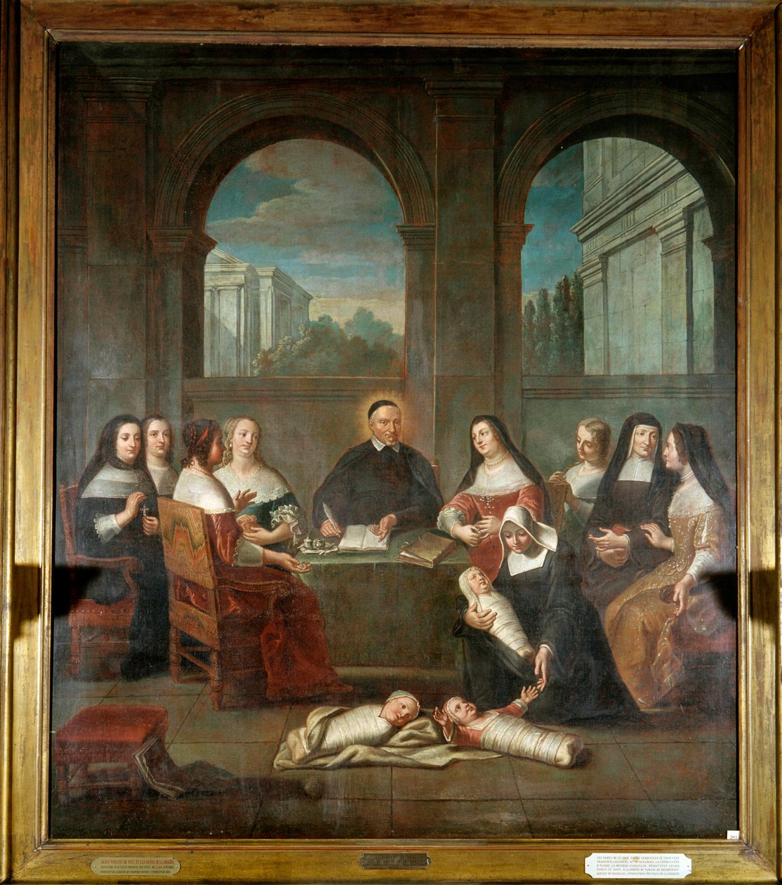 Svatý Vincenc de Paul a charitativní dámy Zastoupení svatého Vincence de Paul, kněze, zakladatele založení dcer Charity v roce 1634 (1576-1660) obklopeného jeptiškami pečujícími o novorozence a charitativními ženami. Anonymní malba o od French School