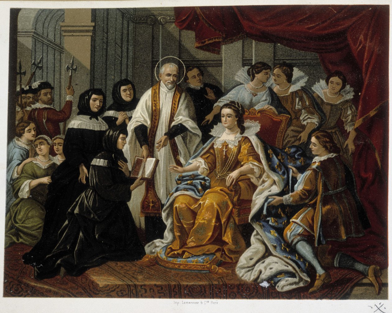 Svatý Vincent de Paul daruje Anně Rakouské první Dcery lásky (také nazývané „Sestry svatého Vincenta de Paul“) – z obrazu z 18. století. od French School