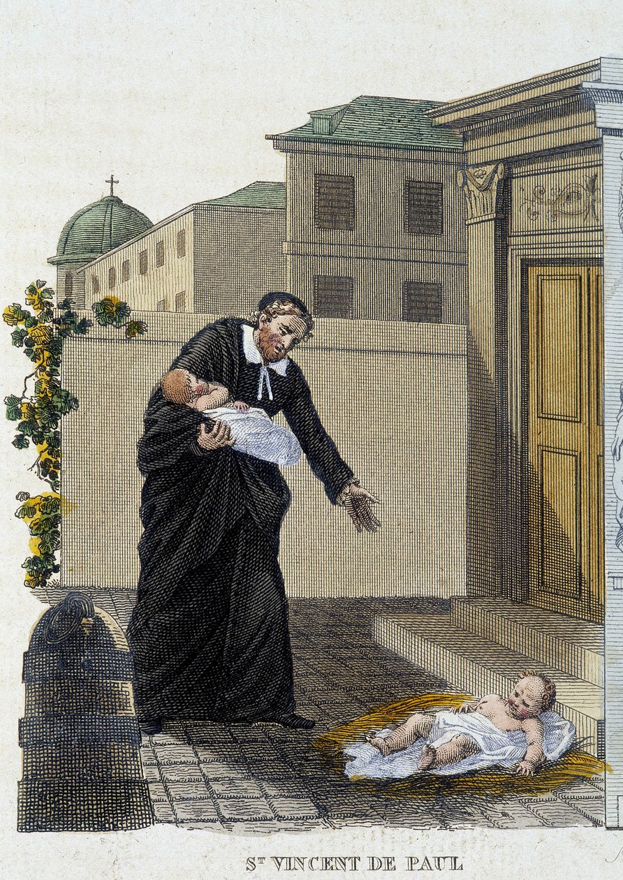 Svatý Vincent de Paul vítá opuštěné děti před kostelem. od French School