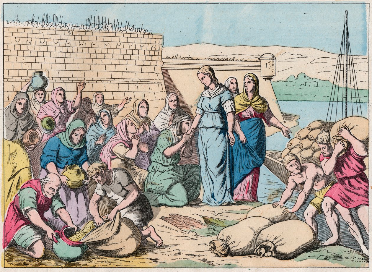 Sainte Genevieve rozdává lidem jídlo během obléhání Paříže armádou Hunů z Attily v roce 451 (barbarské invaze) - Sainte Genevieve a lid Paříže - Rytina konce 19. století v „Nos Gires Nationales - Obrázky od French School