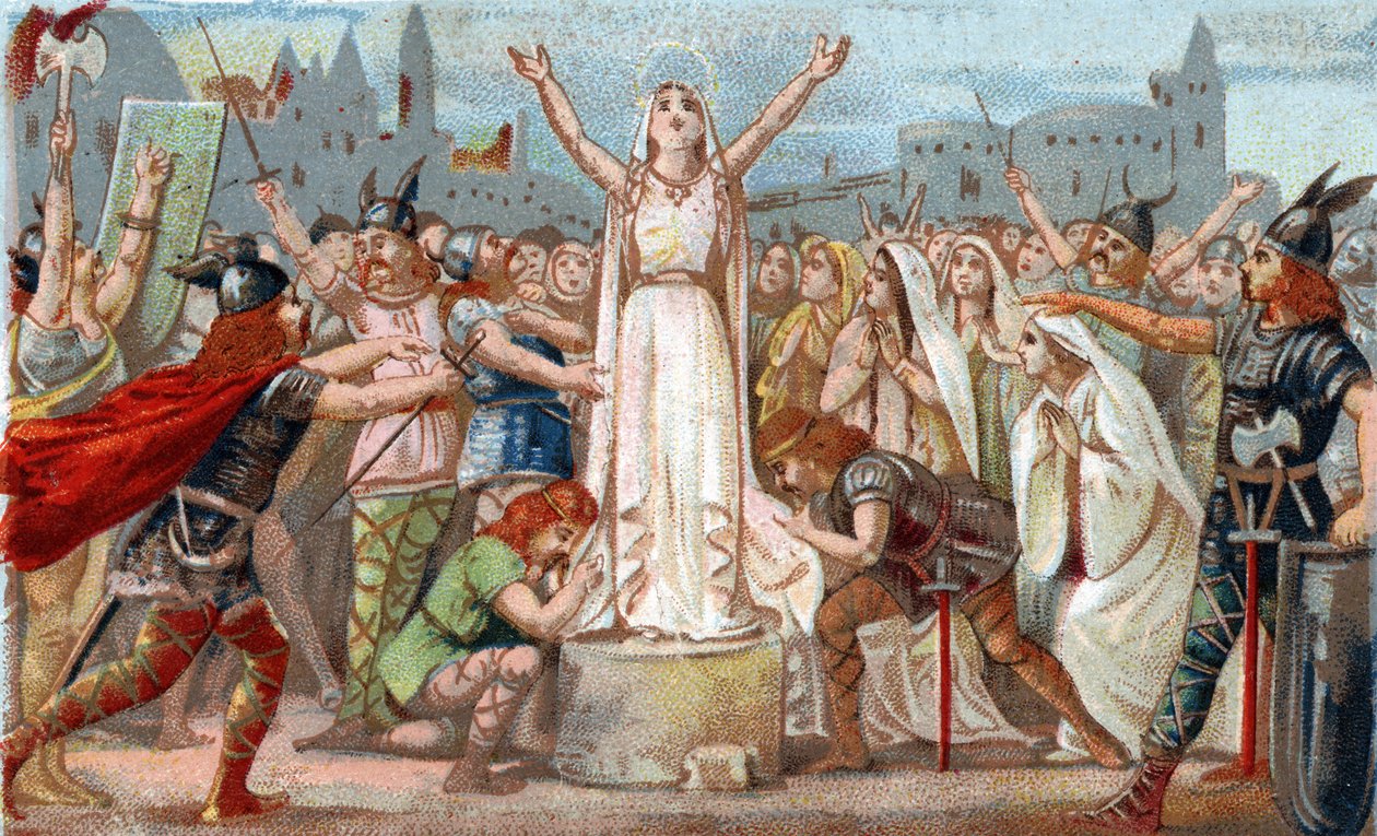 Sainte Genevieve, organizoval obranu Paříže proti hunským hordám Attily a ujistil obyvatele Paříže v roce 451. Chromolitografie konce 19. století. od French School