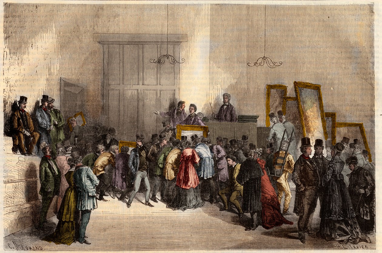 Prodej obrazů v hotelu dražitelů v Paříži v roce 1868. Rytina „“L