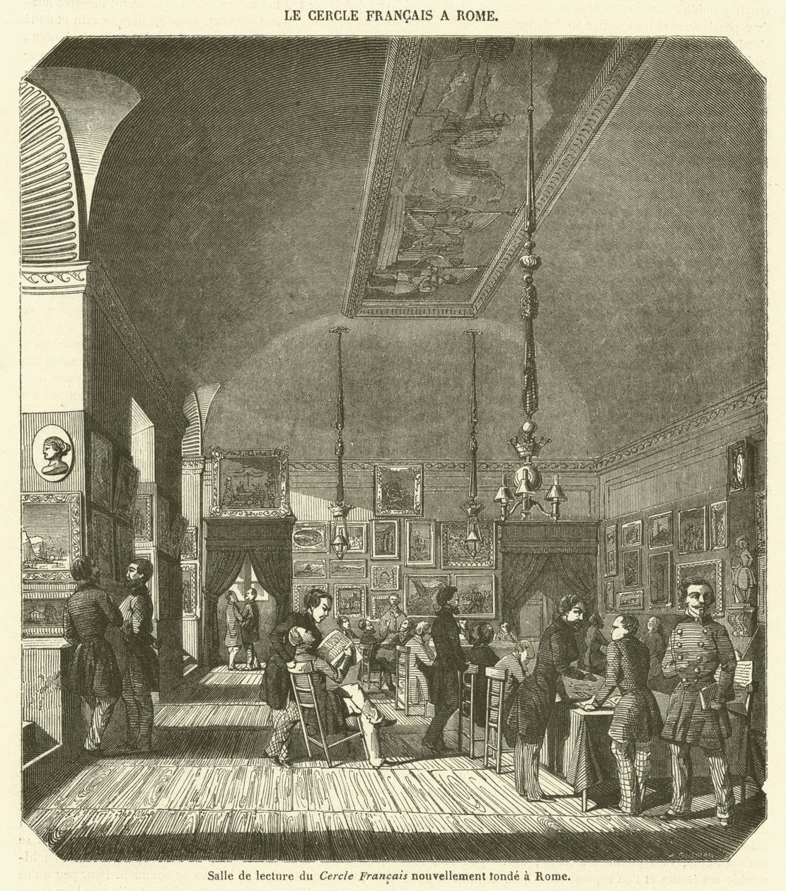 Čítárna nově založeného Francouzského klubu v Římě (rytina) od French School