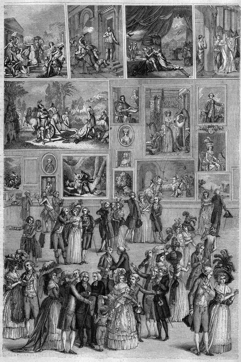 Salon de 1787: pohled na Salon Carre v Louvru během výstavy obrazů v Paříži. Rytina od Martiniho v „“The Picturesque Store““ od French School