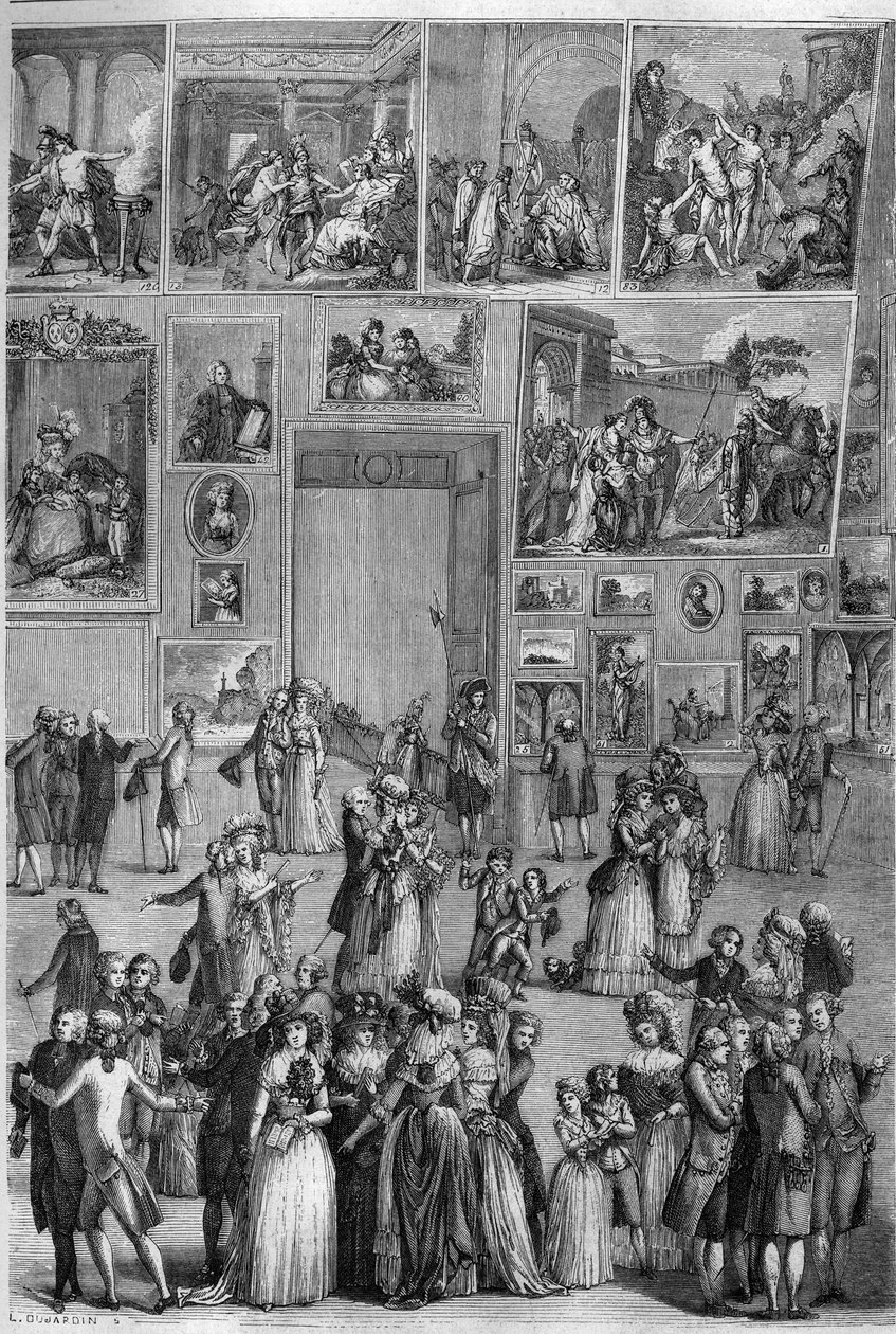 Salon de 1787: pohled na Salon Carre v Louvru během výstavy obrazů v Paříži. Rytina od Martiniho v „“The Picturesque Store““ od French School