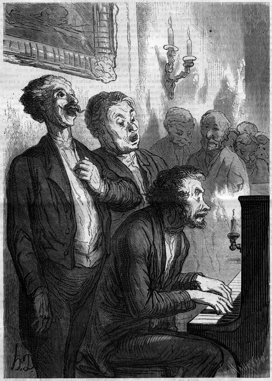 Zpěvácký salonek. Kreslený film Honore Daumier (1808-1879). Rytina v „“ Le Monde Illustré““ č. 290 z 1. listopadu 1862. od French School