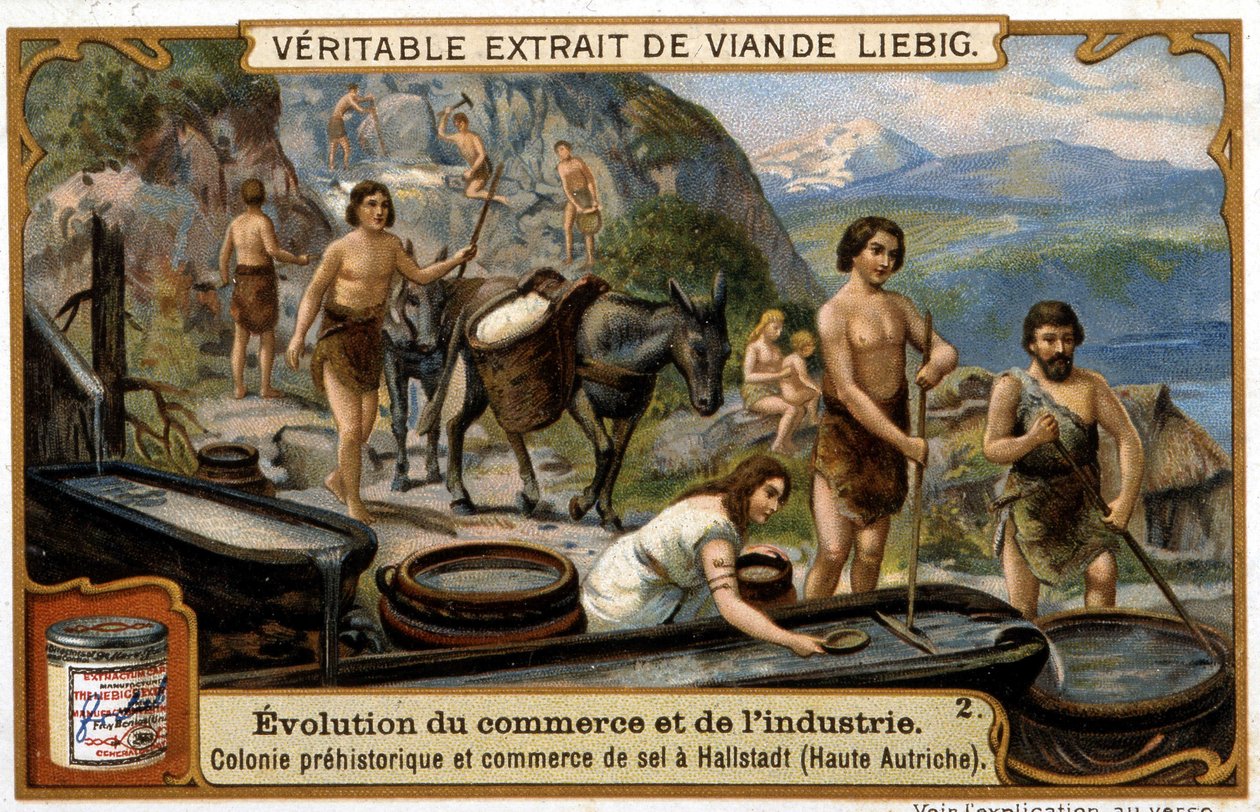 Obchod se solí v Horním Rakousku v pravěku v Hallstadtu - chromo. Liébig od French School
