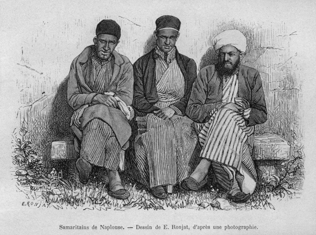 Samaritáni z Nábulusu, ze Sýrie dnes. Cestuje po Fénicii, Libanonu a Judeji. 1875-1880 Louis Charles Emile Lortet, 1884 (č. rytina) od French School