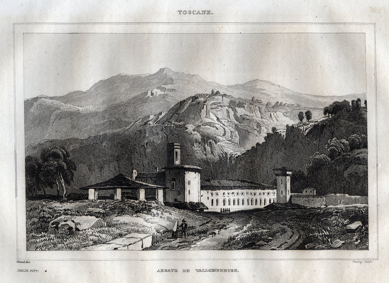 Benediktinské opatství Santa Maria di Vallombrosa nacházející se v obci Reggello, v Toskánsku - Opatství Vallombrosa - Rytina z „“Itálie malebné”” - Historická a popisná malba Itálie”” od M. de Norvinse, Ch. Nodier 1834-1836. od French School