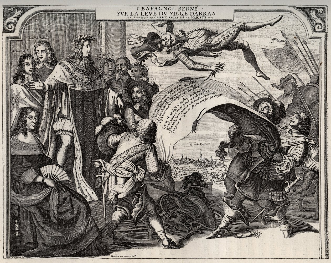 Satirická alegorie na vzestupu obléhání Arrasu v roce 1654 po korunovaci Ludvíka XIV. (1638-1715). Vlevo dole je královna Anna Rakouská (1601-1666). Stojící vedle Ludvíka XIV. a nalevo od krále kardinál Jules Mazarin (1602-1661). Engravi od French School
