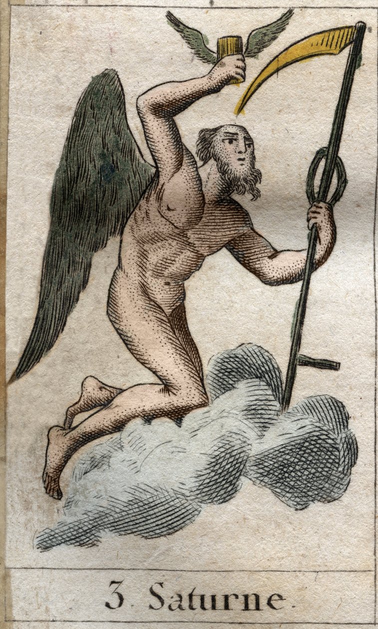 Saturn, bůh zemědělství a sklizně, je reprezentován falešným. Z „Mytologie mládí“ od Pierra Blancharda 1803. od French School