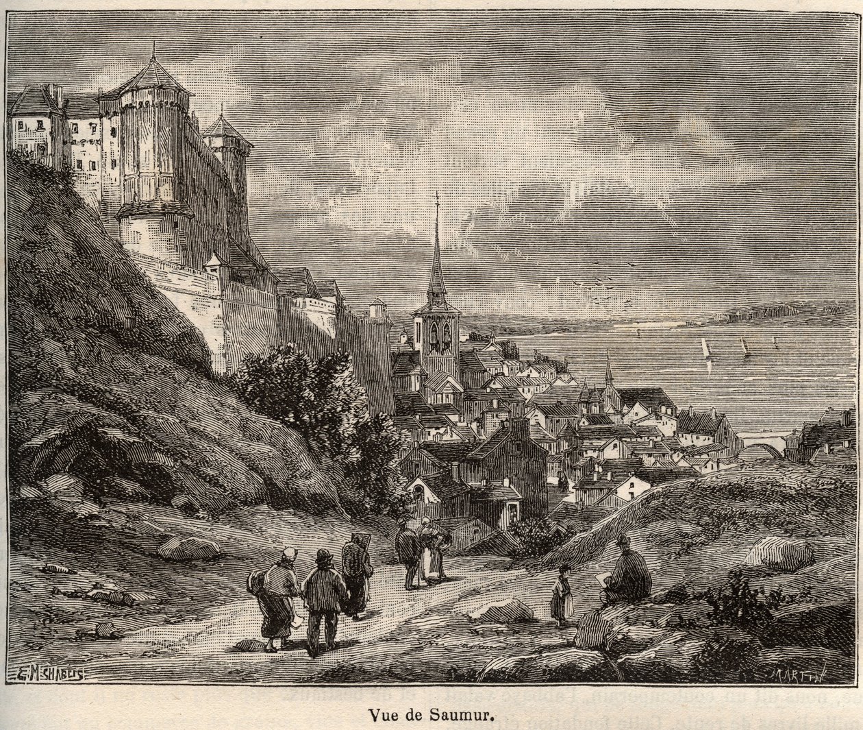Saumurský departement Maine-et-Loire, v regionu Pays de la Loire - rytina v „France illustree: geografie, historie, statistická správa“ od V.-A. Sladově hnědá. 1884 od French School