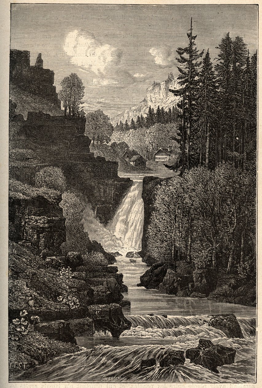 Saut du Doubs (vodopád) Franche-Comte - rytina „“ PATRIE““ - PECTURESSE POPIS FRANCIE V 6 SVAZTECH LUCIEN HUARD - konec 19. stol. od French School