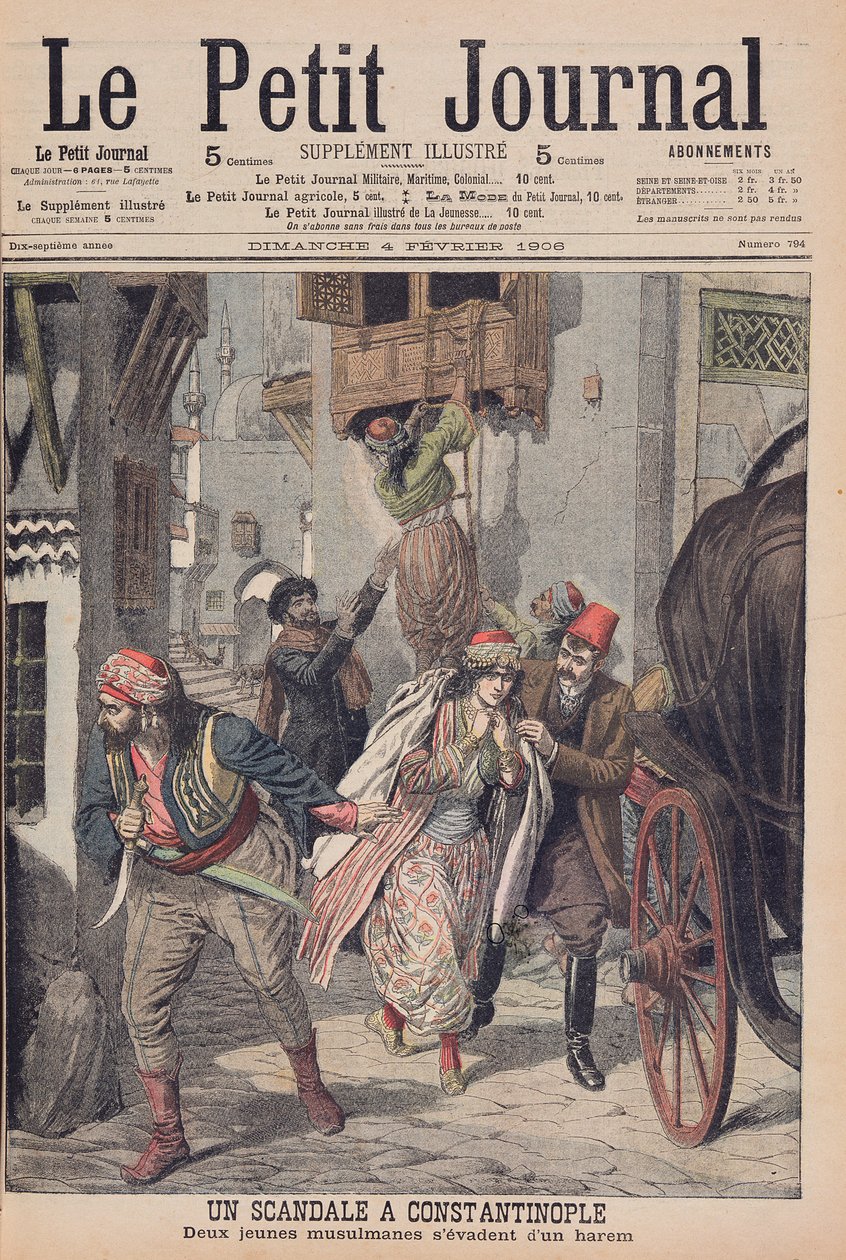 Skandál v Konstantinopoli, dvě mladé muslimky prchají z harému, ilustrace z "Le Petit Journal", 4. února 1906 od French School