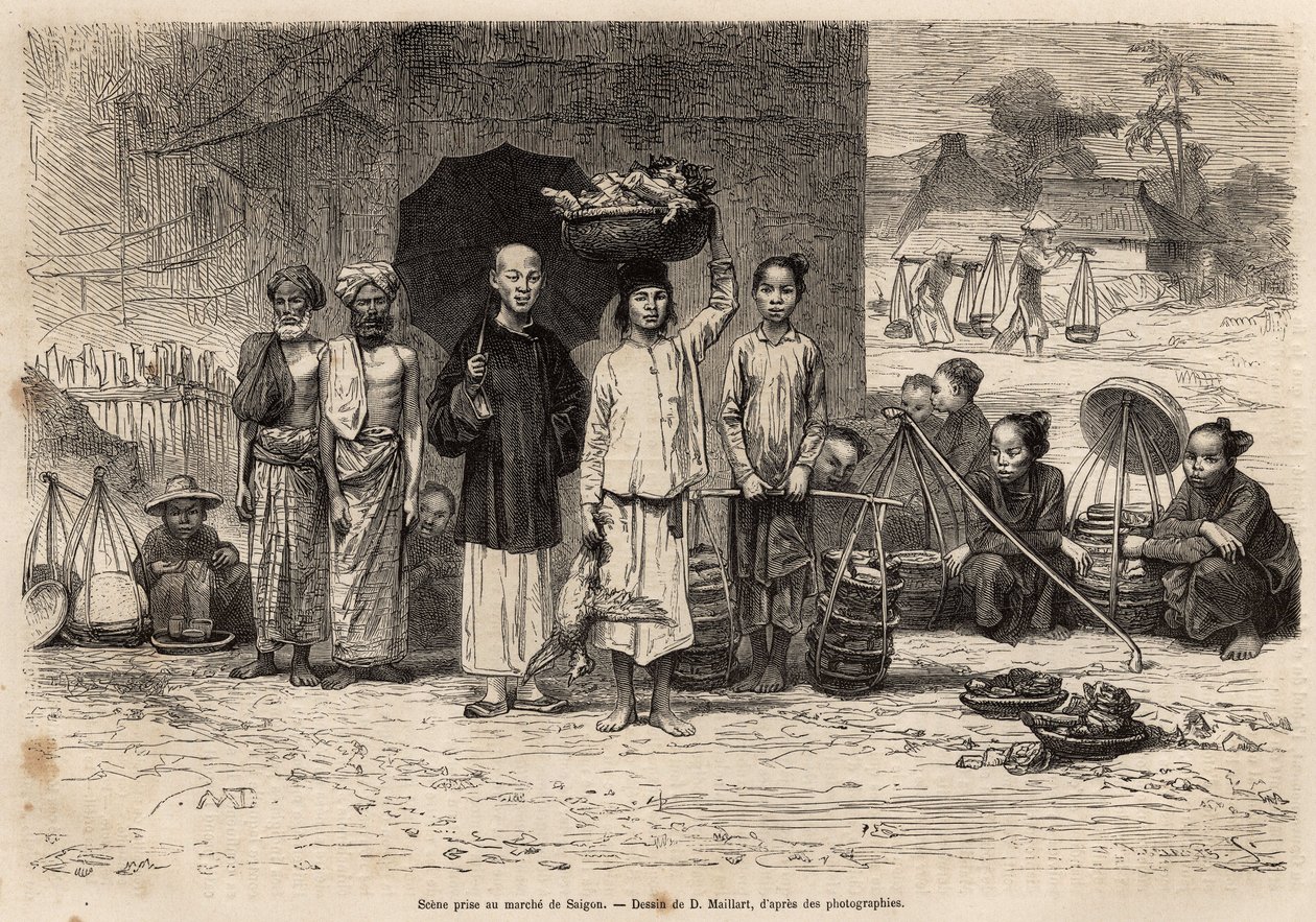 Scene du marche de Saigon, rytina podle kresby D. Maillarda, ilustrující plavbu do Cochinchine, od doktora Morice, v roce 1872, publikovaná v „“Le tour du monde““ 1875, editoval Edouard Charton, vydání Hachette, Paříž. Kolekce Selva. od French School