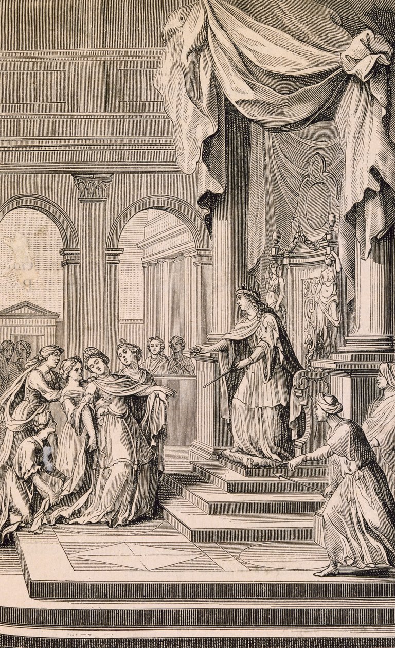 Scéna z Ester, Jean Racine (rytina) od French School
