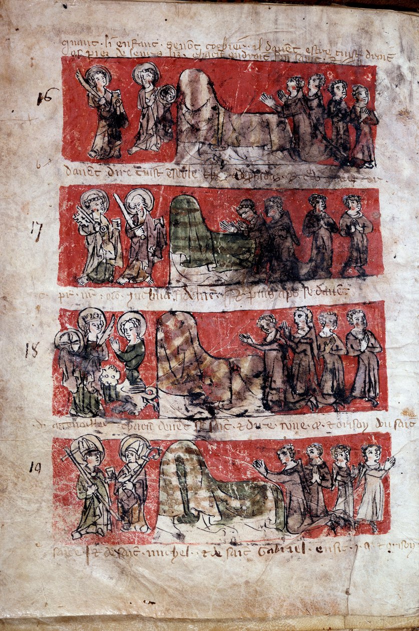 Scéna studentského života na College of Hubant nebo Ave Maria v Paříži Scény studentského života (reprezentace evangelistů) a vysokoškolské předpisy. Pásma 16 až 19. Rukopisná stránka “” Livre des statutes du College de Hubant ou de l