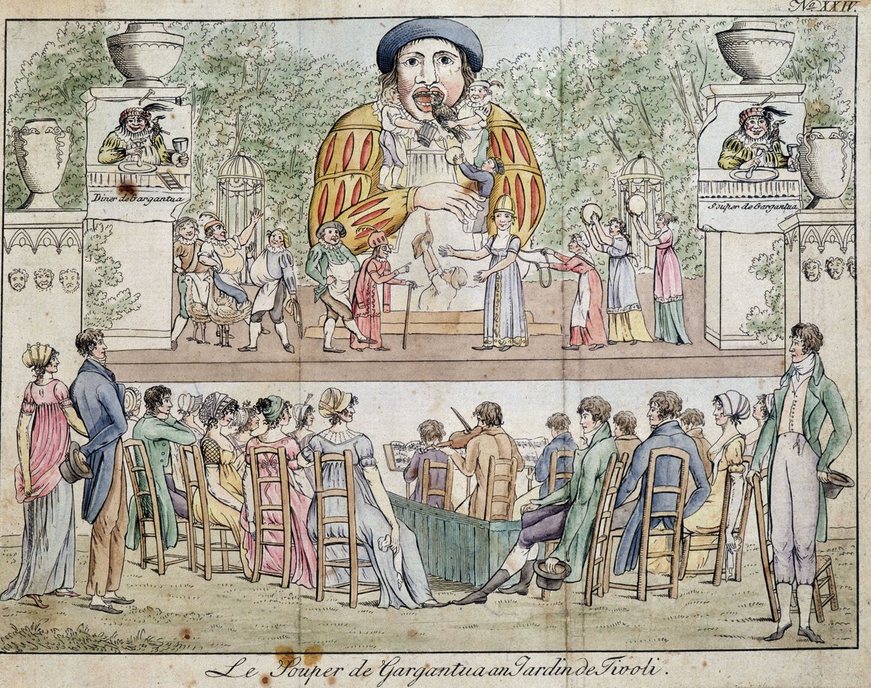 Scéna večeře Gargantua s veřejností, atrakce zahrady Tivoli, c. 1805. od French School