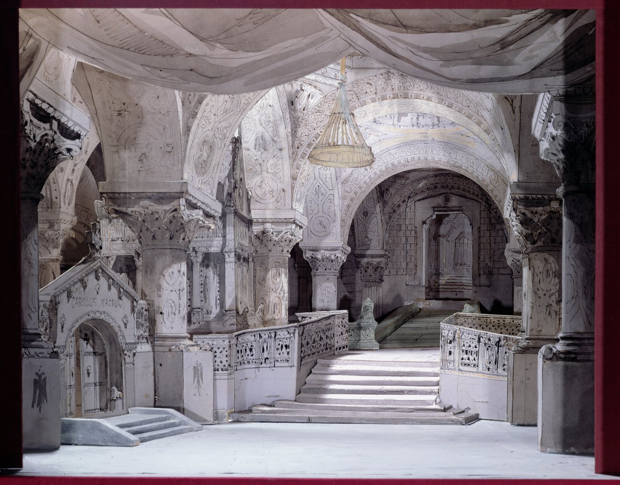 Návrh scény pro představení Hernani od Victora Huga (1802-85), 1867 (pero a tuš na papíře) od French School
