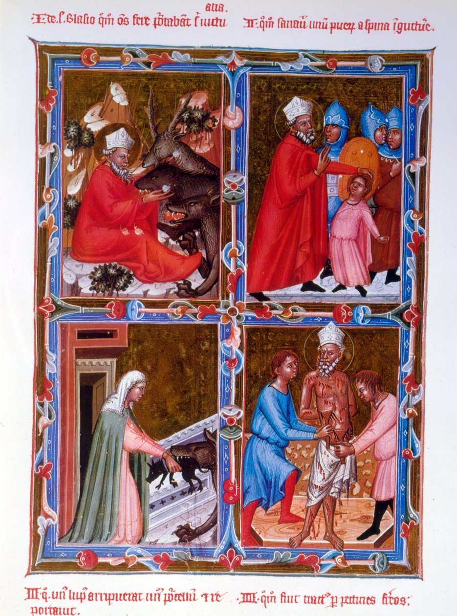 Scény ze života svatého Blaise, faksimile rukopisu z 15. století Legendaire des Anjou-Hongrie, boloňské školy od French School