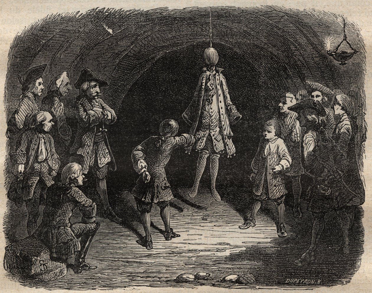 Škola zlodějů vytvořená lupičem Louisem Dominique Garthausen dit Cartridge (1693-1721) v kariéře v Paříži: model visící u stropu, jehož kapsy by se měly vyprázdnit bez pohybu pod trestem za deště výstřelů - Škola zlodějů od French School
