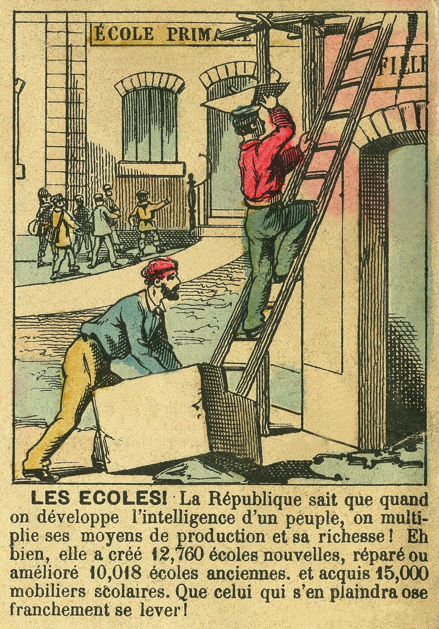 Školy, ilustrující přínos třetí republiky pro rozvoj vzdělávání na školách. Rytina, v „“Le Figaro, příloha““, 30. 3. 1889, Paříž. Kol. Selva. od French School