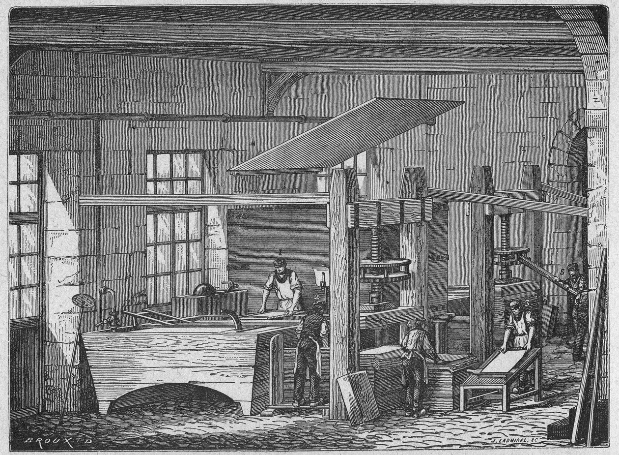 Věda. Výroba papíru. Ruční papír. Rytina v: Velcí muži a velké úspěchy průmyslu, Francie, kolem roku 1880 (rytina) od French School