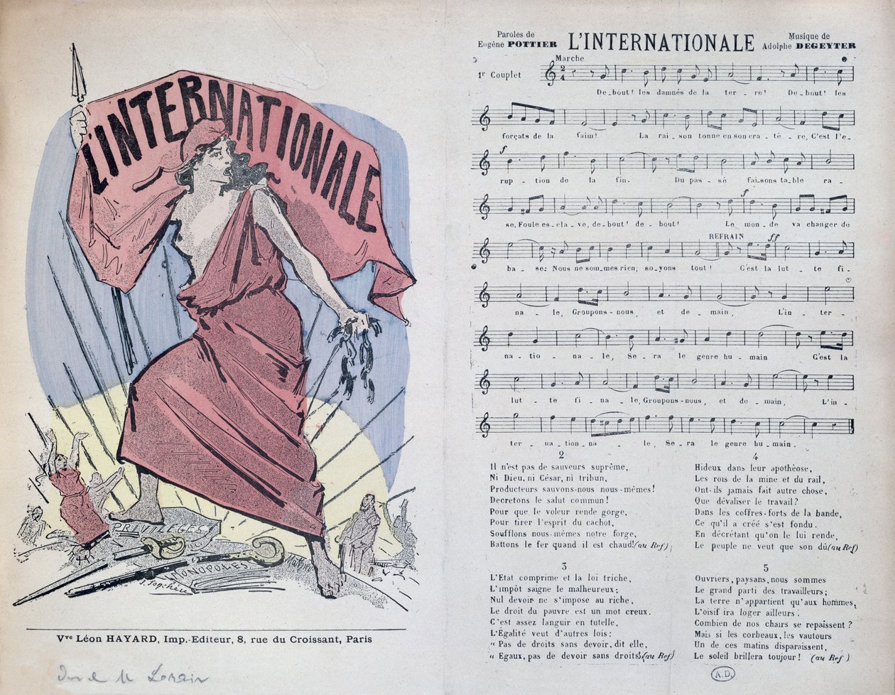 Partitura pro píseň LInternationale, kolem roku 1900 od French School
