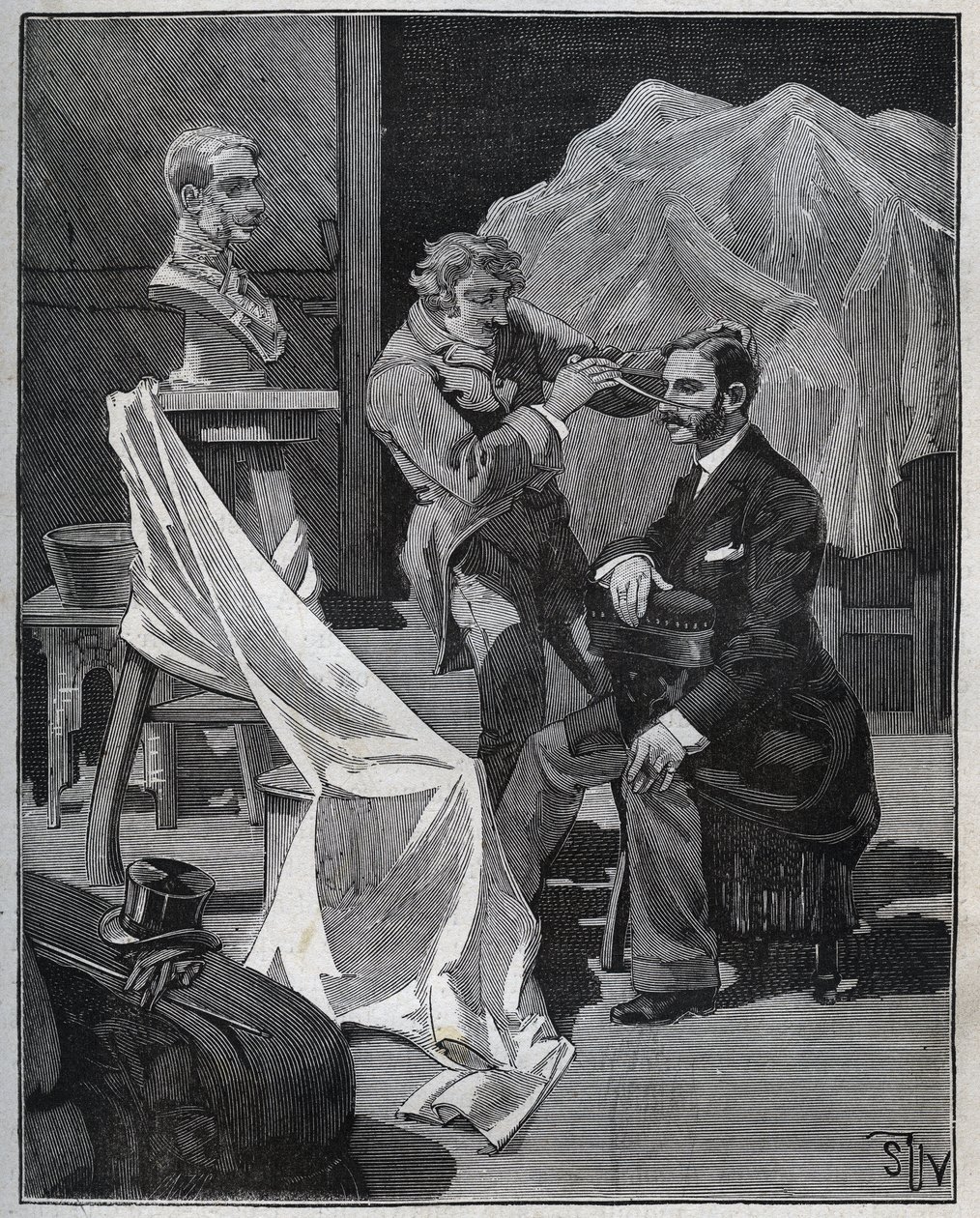 Sochařství, dílna sochaře, zaměření a plastika busty. Rytina z roku 1880 v „Les arts et metiers illustres““ od Adolphe BITARDA. od French School