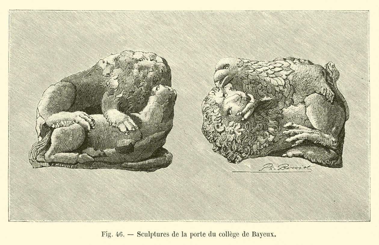 Sochy na dveřích koleje v Bayeux (rytina) od French School