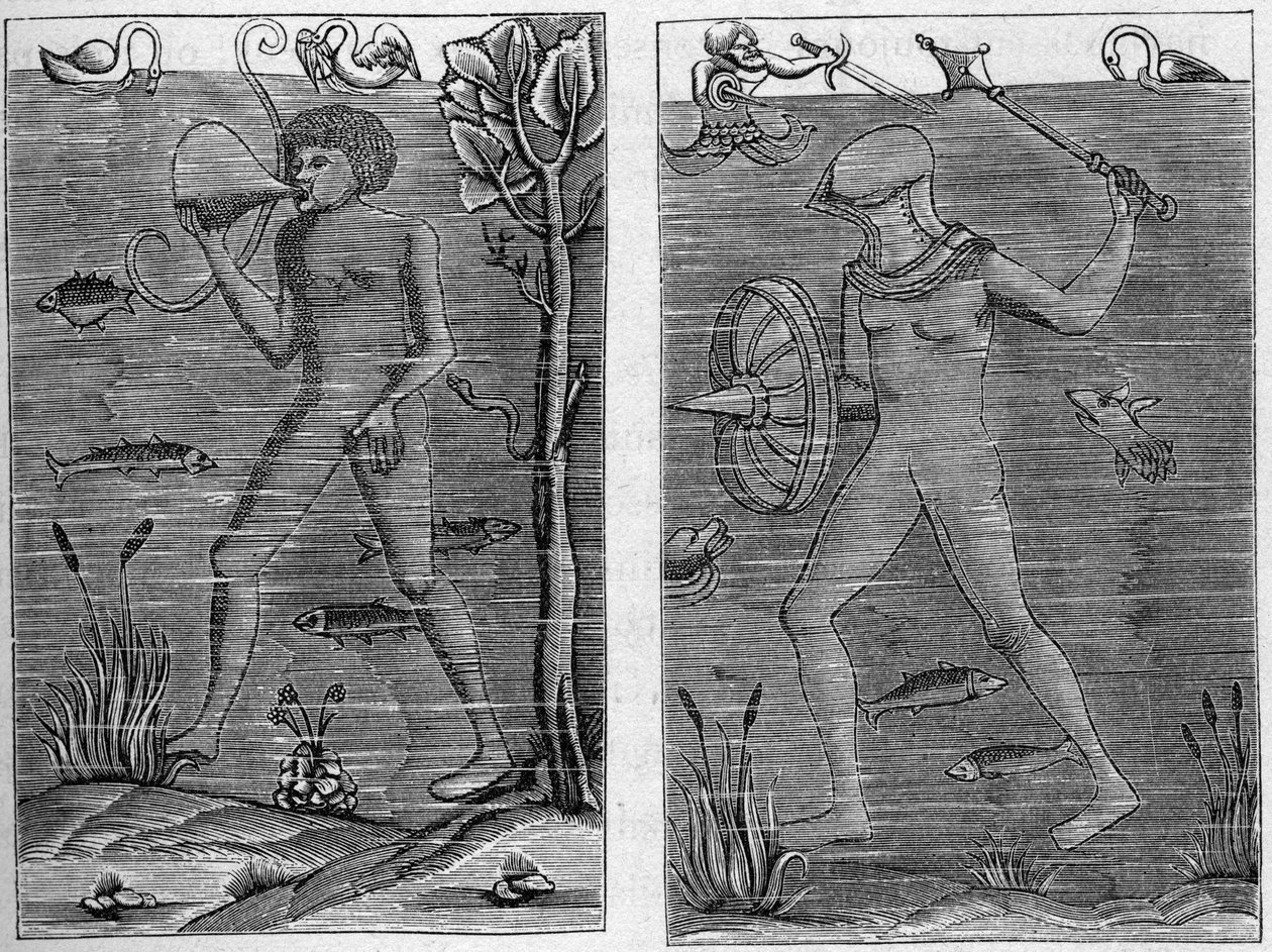 Mořský voják: potápěč a muž ve zbrani. Rytiny z dřevěných figurek 16. století. V „La Marine et les colonies: commerce“ od French School